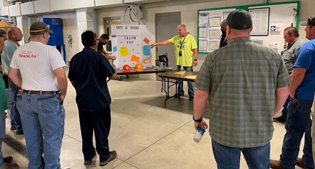 Fort Leonard Wood FMX Supply Technician Mark Laue provides a safety briefing on personal protective equipment Aug. 18 at the U.S. Army Tank-automotive and Armaments Command’s FMX facility here. The FMX team provides responsive, reliable and...