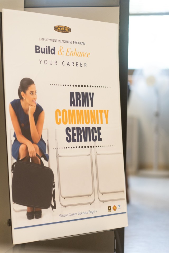A sign at Army Community Service advertises the Employment Readiness Program (ERP) at Camp Walker, Republic of Korea, August 30, 2022. The Employment Readiness Program (ERP) offers resources to help with U.S. Army Garrison Daegu community members with their career plans and job searches, with a focus on providing support for military spouses.