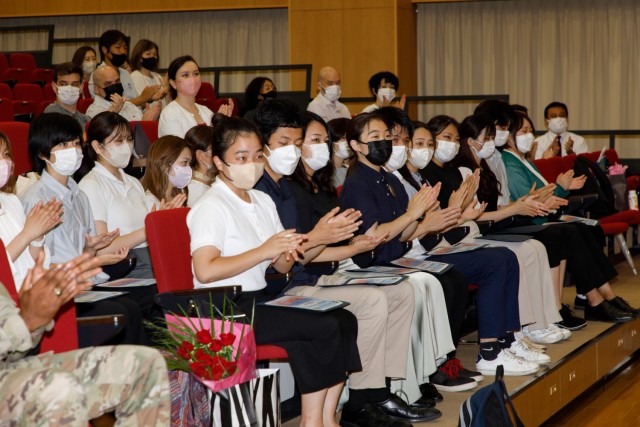 Japanese university students attend a graduation ceremony for the summer internship program at Camp Zama, Japan, Sept. 1, 2022. This year&#39;s program had the largest participation in its nine-year history with 23 students, 11 universities and 19 workplaces participating.