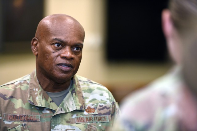 Senior Enlisted Advisor Tony Whitehead, the SEA for the chief of the National Guard Bureau, talks to an Airman with the Missouri Air National Guard’s 131st Bomb Wing at Whiteman Air Force Base, Missouri, Aug. 30, 2022. Whitehead was touring National Guard facilities at Whiteman and participating in a panel discussing women’s equality. (U.S. Air National Guard photo by Air Force Master Sgt. Erich B. Smith)