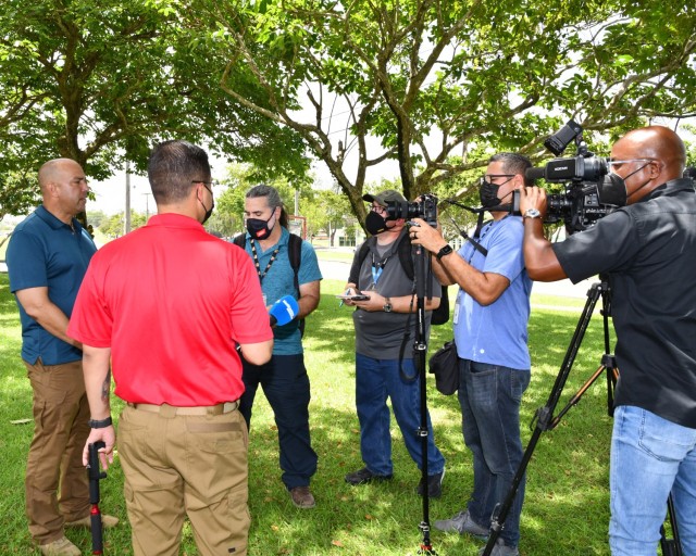 Reporters from two major Puerto Rico newspapers and a TV station interviewed and videotaped Fort Buchanan's Directorate of Plans, Training, Mobilization and Security, Antiterrorism Specialist Héctor R. Herrera Camerón on the purpose, events and positive outcome of the Active Shooter Exercise conducted, August 30, 2022. 