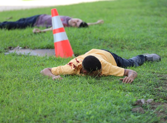 The Active Shooters opened fire killing some students, played by Soldiers from the 1st Mission Support Command 430th Quarter Master Co, in front of the school. The Active Shooters then moved to the school gym producing more casualties.