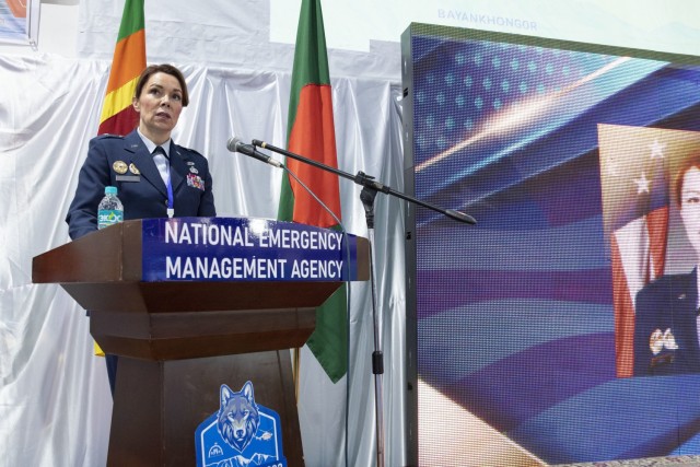 Brig. Gen. Tracy Smith, commander of the Alaska Air National Guard, spoke about the 20 years of the bilateral partnership between the Alaska National Guard and Mongolian government during the opening ceremony for Gobi Wolf 2022 in Bayankhongor, Mongolia, Sept. 5. Gobi Wolf is a disaster response exercise with field training exercises in hazmat response, mass medical care and search and rescue.