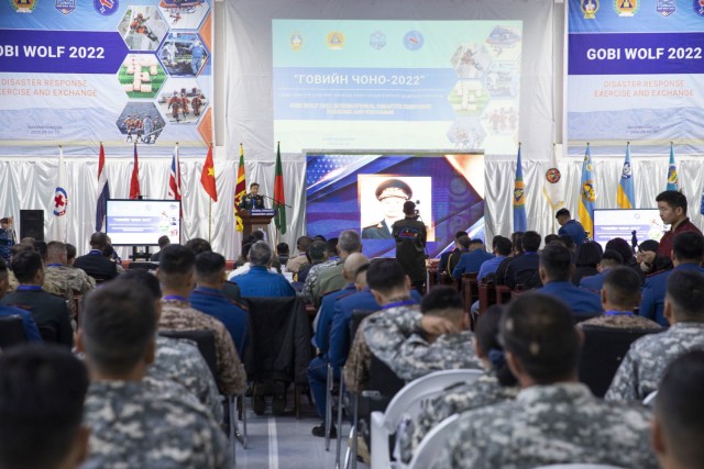 Mongolia National Emergency Management Agency Brig. Gen. B. Uuganbayar, deputy director of NEMA, welcomes participants from civil and military components of the government of Mongolia, multilateral and regional partners, and international humanitarian response organizations and agencies during the opening ceremony for Gobi Wolf 2022 in Bayankhongor, Mongolia, Sept. 5. Gobi Wolf is a disaster response exercise and exchange between the government of Mongolia and U.S. Army Pacific focused on interagency coordination. Participating countries also include Bangladesh, Nepal, Sri Lanka, Thailand, the United Kingdom and Vietnam. (Alaska National Guard photo by Victoria Granado)