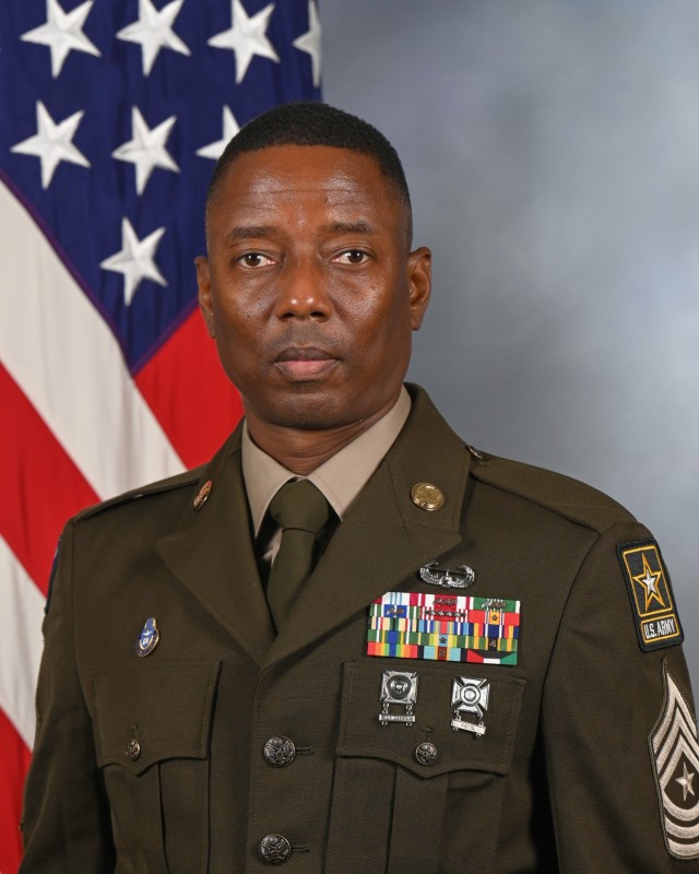 U.S. Army Sgt. Maj. Elian Strachan poses for his official portrait in the Army portrait studio at the Pentagon in Arlington, Va., June 10, 2022. (U.S. Army photo by Leonard Fitzgerald)