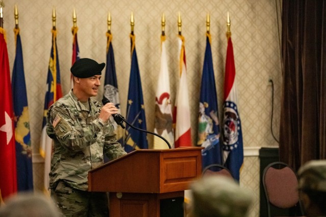 U.S. Army Command Sergeant Major Timothy D. McGuire gives a speech at Club Meade on Fort George G. Meade, Maryland, Sept. 7, 2022 at the 7th Signal Command (Theater) change of responsibility ceremony. (U.S. Army photo by SPC. Aaron Troutman)