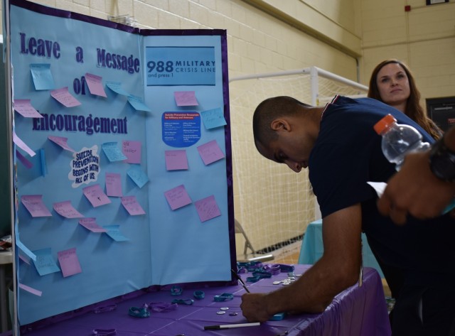 A message board was on hand for Soldiers to leave messages of hope and encouragement during a World Suicide Prevention Day event held at the Cyber Fitness Center on Sept. 10. The board was moved to the 15th Signal Brigade Headquarters entrance after the event.