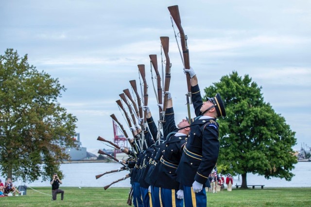 The United States Army Drill Team performs at the Defenders&#39; Day commemoration at Fort McHenry September 10, 2022.