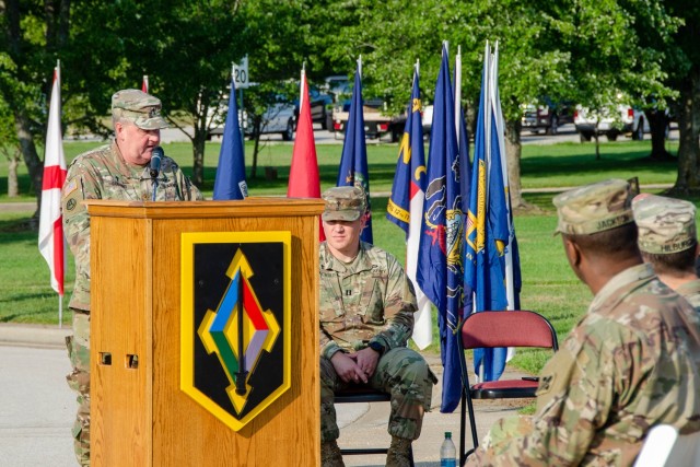 Chaplain (Maj.) James Collins, with the 43rd Adjutant General Battalion, recounts his experiences in New York on 9/11 during a Patriot Day ceremony Tuesday on the Maneuver Center of Excellence Plaza. 