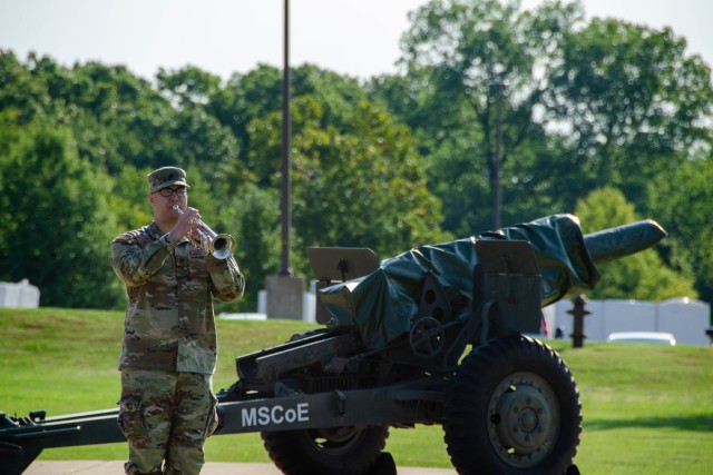 Spc. Daniel Deutsch, from the 399th Army Band, performs “Taps” to conclude the Patriot Day ceremony Tuesday on the Maneuver Support Center of Excellence Plaza. 