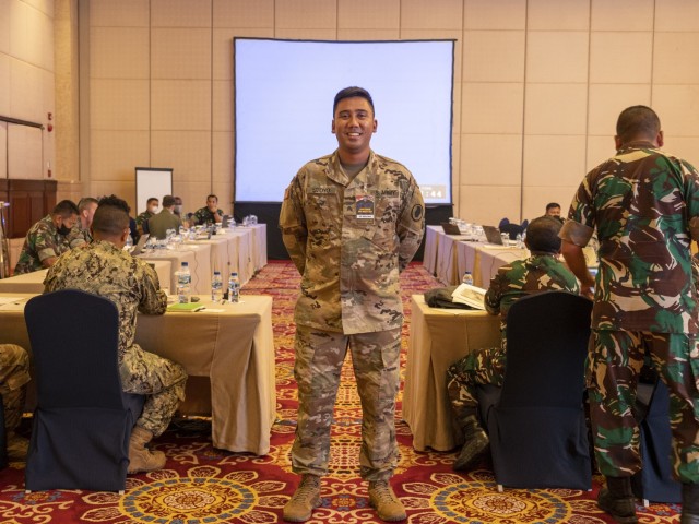 Army Sgt. Aditya Utoyo, a transportation management coordinator assigned to the Hawaii Army National Guard Joint Force Headquarters, during exercise Gema Bhakti 22, Sept. 12, 2022, Jakarta, Indonesia. As a native Bahasa Indonesia speaker, Utoyo served as an interpreter during the exercise. (U.S. Air National Guard photo by Staff Sgt. Orlando Corpuz)