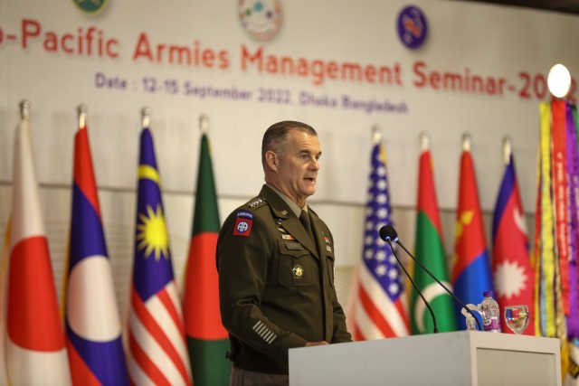 USARPAC Commanding General Charles A. Flynn delivers closing remarks at the conclusion of the 2022 IPAMS conference.