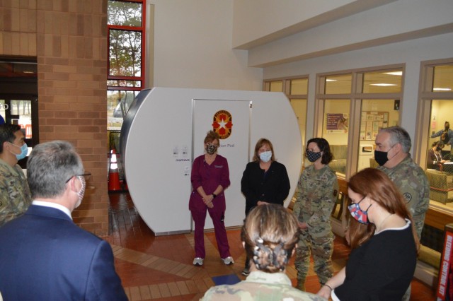 Air Force Col. Heather Yun, Deputy Commander for Medical Services, talks about the new lactation pods during an opening ceremony at Brooke Army Medical Center, Fort Sam Houston, Texas, April 10, 2021 . BAMC has two new pods – one located outside...