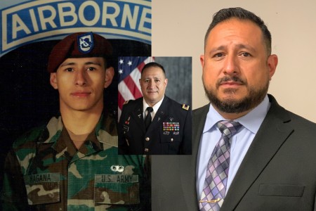 Jorge Magana is pictured over his years of service. From left, the now-retired chief warrant officer four is pictured in 1995 as a new enlistee, just before his active-duty retirement in 2020, and in 2022 as a civilian employee, serving as director of the Medical Maintenance Management Directorate at the U.S. Army Medical Materiel Agency.