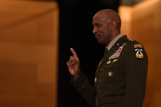 Maj. Gen. Jeth Rey speaks at his promotion ceremony at the Myer Auditorium, Aberdeen Proving Ground, Maryland, Sept. 1, 2022