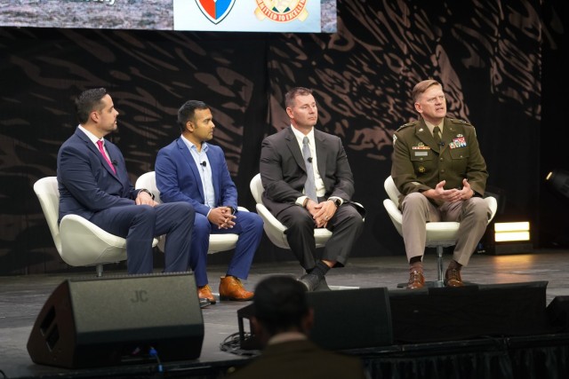 Maj. Gen. Darren Werner, U.S. Army Tank-automotive and Armaments Command’s commanding general, discusses advanced manufacturing capabilities with other panelists at the North American International Detroit Auto Show Sept. 15. Panel members included Joe Kott, a senior science and technology advisor for the Next Generation Combat Vehicle Cross Functional Team at Detroit Arsenal (second from right), Jeswin Joseph, a research manager for emerging technologies with Wichita State University (third from right), and, (at far left), Josh Mook, Chief Engineer for General Electric Additive.              