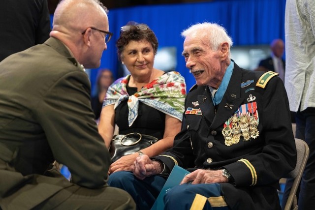Medal of Honor recipient retired Army Maj. John J. Duffy speaks to guests before a ceremony inducts him into the Pentagon Hall of Heroes at Joint Base Myer-Henderson Hall, Va., July 6, 2022.