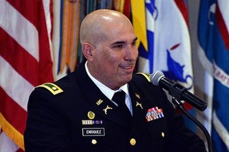 Cuban-born guest speaker Maj. Jose Enriquez, Mission Command Training Program, delivers remarks during the National Hispanic Heritage Month observance Sept. 20 at the Frontier Conference Center.