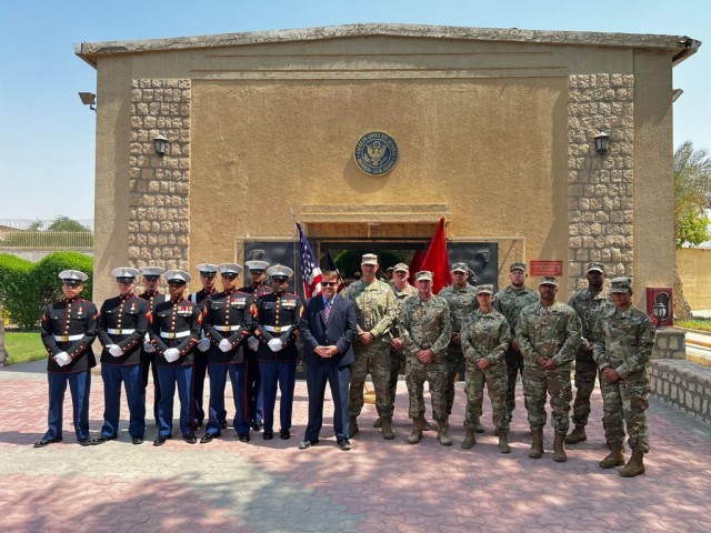 (From right) Members of the U.S. Army Military Assistance Group (USAMAG), Detachment 2, attend a 9/11 Patriots Day ceremony hosted by the U.S. Consulate General of Dhahran in Saudi Arabia. Also in attendance to commemorate the lives lost during the Sept. 11, 2001 terrorist attacks were U.S. Consulate General David Edginton (center) and the U.S. Consulate General United States Marine Corps Detachment. USAMAG supports U.S. foreign policy by training and advising the Saudi Ministry of Interior and State Security Presidential as a valued security cooperation partner. For more information on USAMAG, a subordinate organization of the U.S. Army Security Assistance Command, visit www.army.mil/usa-mag. (Courtesy photo)