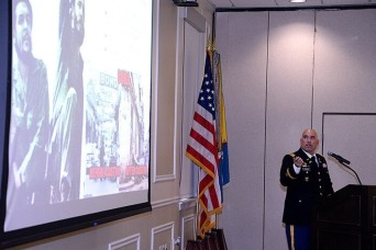 Guest Speaker Maj. José Enriquez, observer/coach/trainer with the Mission Command Training Program, shared the impact of his experience growing up in Cu...