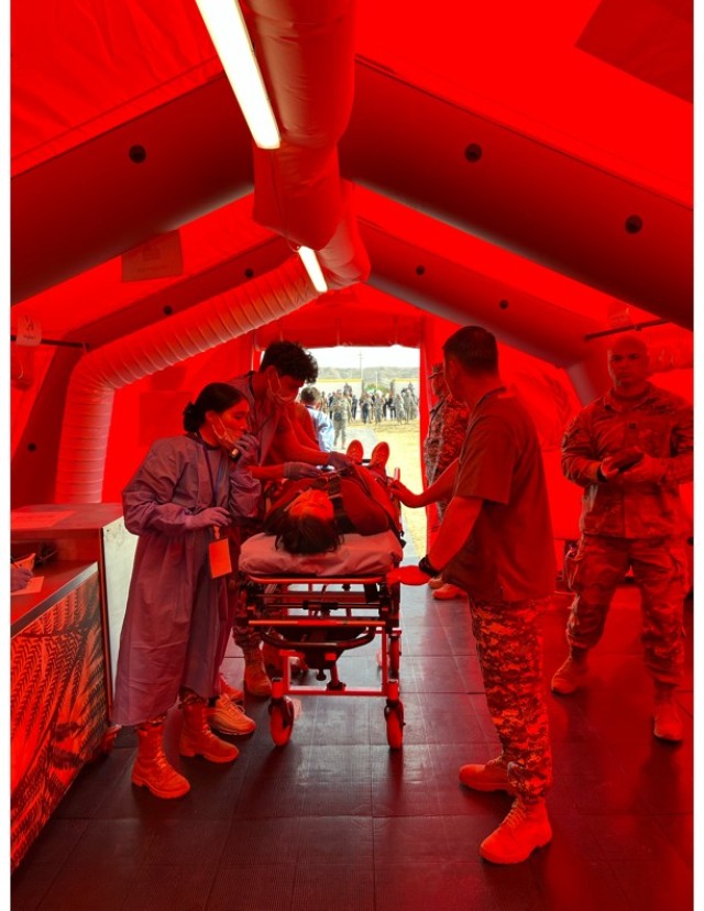 U.S. Army soldier Capt. Amrein, 8th Forward Resuscitative Surgical
Detachment, observe a patient movement lane from triage to intake. (Courtesy
photo by U.S. Army Soldier)
