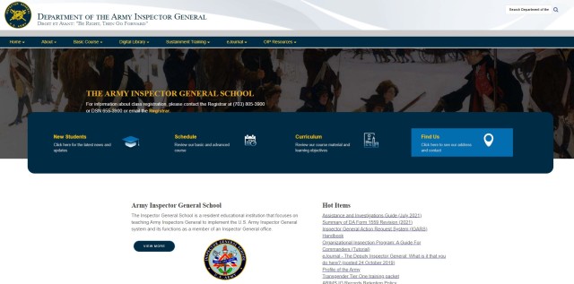 The Inspector General School’s (TIGS) new website is seen in this screenshot from Sept. 26, 2022. The school’s website was consolidated with the new Department of the Army IG site, which was established in June 2022. (U.S. Army screenshot)