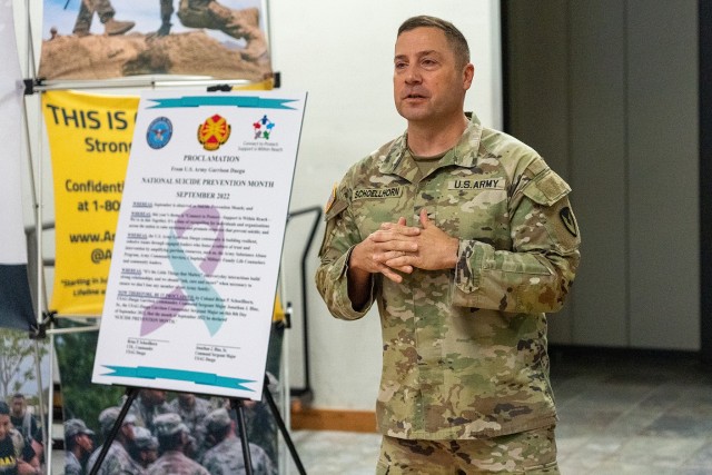 U.S. Army Garrison Daegu Commander Col. Brian P. Schoellhorn discusses empathy&#39;s role in suicide prevention during a Resiliency Day event at Camp Walker, Republic of Korea, September 8, 2022. The Army Substance Abuse Program team organized the event to educate the community about resources available to help people navigate adversity and reach out to others experiencing suicidal ideations.