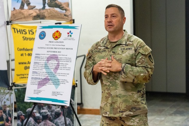 U.S. Army Garrison Daegu Commander Col. Brian P. Schoellhorn discusses empathy&#39;s role in suicide prevention during a Resiliency Day event at Camp Walker, Republic of Korea, September 8, 2022. The Army Substance Abuse Program team organized the...