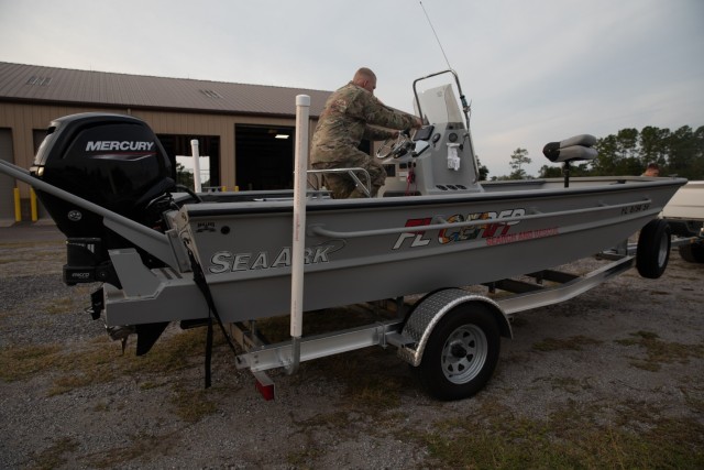 U.S. Army Pfc. Kenneth Bonn, a combat engineer with the 753rd Engineering Brigade, conducts a pre mission inspection on a search and rescue vessel during Hurricane Ian state activation, Camp Blanding Joint Training Center, Fla, Sept. 27, 2022. Bonn is an attached component of the Florida National Guard&#39;s Chemical, Biological, Radiological/Nuclear, and Explosive (CBRNE) - Enhanced Response Force Package (FL-CERFP). Members of this team are mobilized in order to provide search and rescue capabilities during natural disasters and other emergencies.