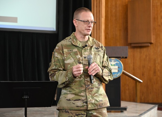 Colonel Kevin Goke speaking during the Spiritual Readiness Initiative at JBM-HH
