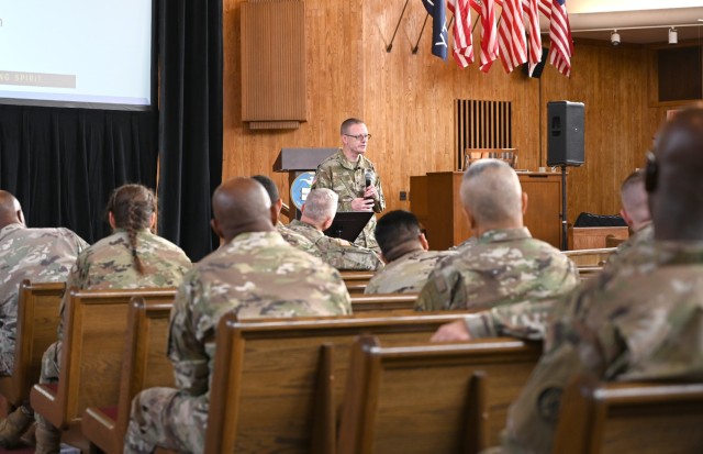 Colonel Kevin Goke speaking during the Spiritual Readiness Initiative at JBM-HH