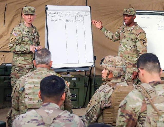 Sgt. 1st Class Todd Youtzy, left, and Sgt. 1st Class Qualeem Green, right, senior fire control observer, coach, trainers assigned to 3-358th Field Artillery Regiment, 189th Infantry Brigade, conduct an after action review with Soldiers of the 40th Infantry Division Sept. 16, 2022, during Command Post Exercise III at Marine Corps Base Camp Pendleton in California.
