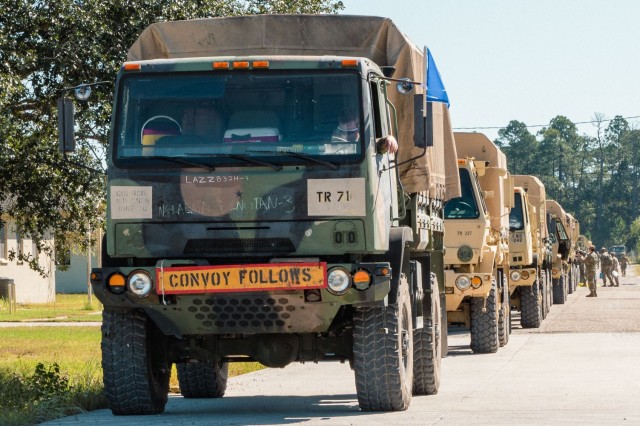 Nearly 60 Louisiana National Guardsmen assigned to the 1087th Transportation Company, 165th Combat Sustainment and Support Brigade, 139th Regional Support Group, prepare roughly 30 tactical vehicles to assist emergency operations in Florida after Hurricane Ian, Slidell, Louisiana, Sept. 29, 2022.