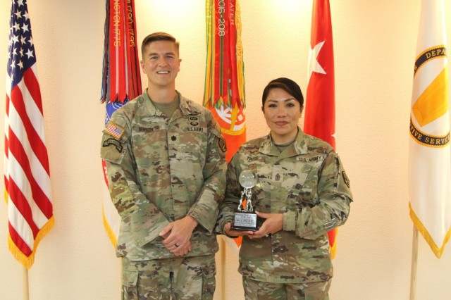 RCC-P Director Lt. Col Michael T. Denison and Sergeant Major Claudia Twiss proudly display the 2022 Regional Center Cyber of the Year trophy. The event was held at the NETCOM command headquarters, Fort Huachuca, Arizona, September 2022. 