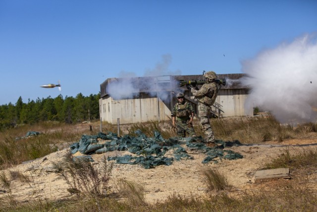 A competitor representing U.S. Army Medical Command fires a M136E1 AT4-CS confined space light anti-armor weapon during the first-ever Best Squad Competition, held on Fort Bragg, North Carolina, Oct. 4, 2022. The Army Best Squad Competition succeeds the Army Best Warrior Competition and extends the competing element from the individual level to the squad level, as Soldiers never fight alone.