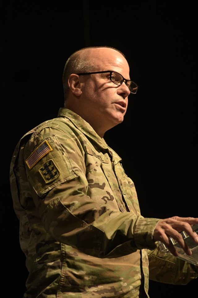 Col. Eric Leckel, commander of the Wisconsin Army National Guard’s 157th Maneuver Enhancement Brigade, speaks during a sendoff ceremony Sept. 30, 2022, in Milwaukee. Approximately 280 Soldiers from the brigade’s headquarters company and 357th...