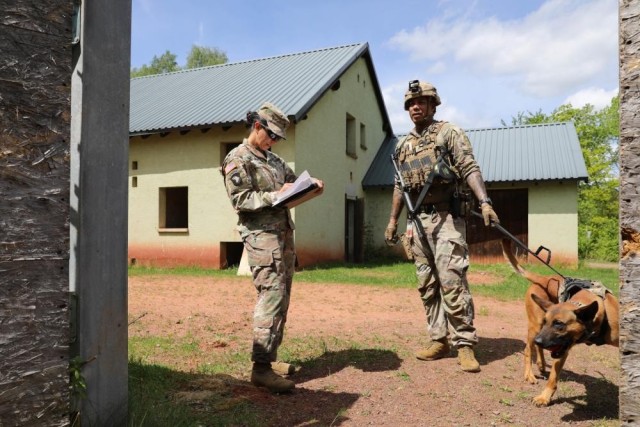 Sgt. Maj. Viridiana Lavalle, Army Military Working Dog program manager, grades Sgt. Warren Bolden, 131st Military Working Dog Detachment, Combined Military Working Dog Detachment - Europe, during a training exercise in simulated urban terrain at Baumholder, Germany, May 12, 2022.

Each participant is graded on their ability to lead their team throughout buildings on site while testing odor and explosive detection and handling their military working dog with full body armor and a weapon.
