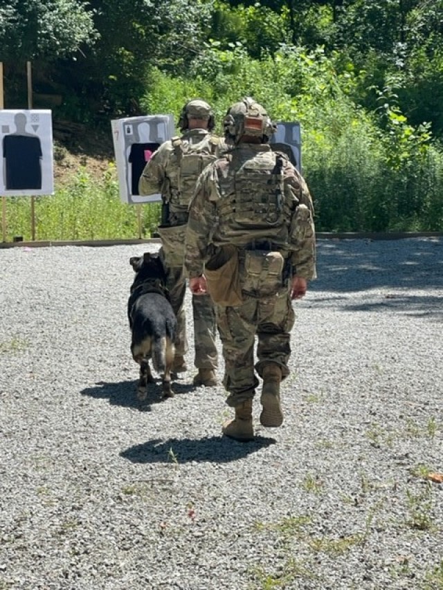 Handlers conduct advanced rifle and pistol marksmanship training with their MWD partners.
