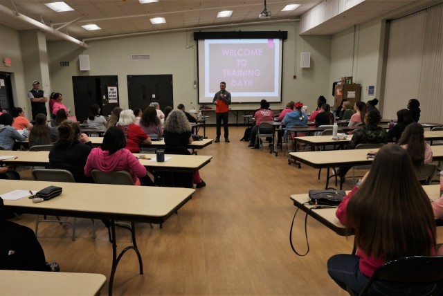 Fort Knox Garrison Commander Col. Lance O’Bryan addresses members of the Child Development Center team regarding the National Association for the Education of Young Children reaccreditation on Oct. 7, 2022.
