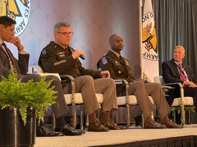Gen. James Rainey, Army Futures Command commander, shares some of his thoughts about Army 2030 during a panel at AUSA. The panel also consisted of retired Gen. David Perkins as the moderator; Mario Diaz, Deputy Under Secretary of the Army; Lt. Gen. Milford Beagle, Jr., Combined Arms Center commander; and Jim Greer, Combined Arms Center thought leader.
