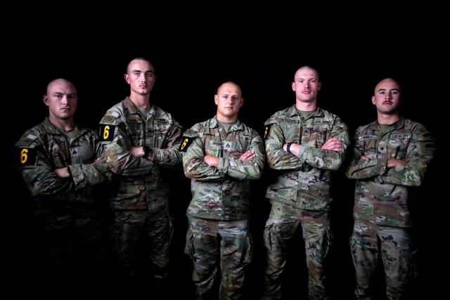 The Army National Guard’s Best Squad competitors pose for a photo at Fort Benning, Georgia, before competing in the U.S. Army’s Best Squad Competition Sept. 29 to Oct. 10, 2022. From left: Sgt. Austin Manville, New York National Guard; Spc....