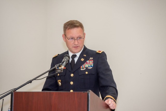 Garrison Commander Col. Brian Cozine speaks on suicide prevention and resources at the Alabama’s Challenge Town Hall.  