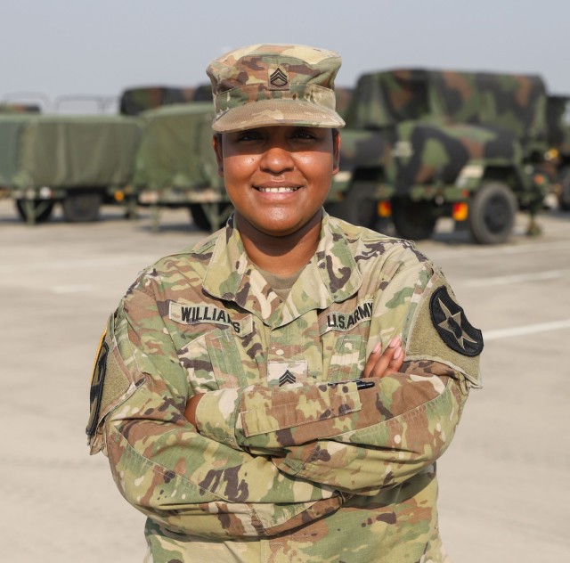 U.S. Army Staff Sgt. Desirae Williams assigned to Headquarters Company, Division Special Troops Battalion, 2nd Infantry Division Sustainment Brigade, 2nd Infantry Division/ROK-U.S. Combined Division poses for the camera during a vehicle inventory at Camp Humphreys, Republic of Korea, Sept. 26, 2022. Williams has served in the U.S. Army for 13 years. (U.S. Army photo by Sgt. Evan Cooper)  