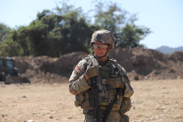 A U.S. Soldier assigned to the 643rd Engineer Support Company, 11th Engineer Battalion, 2nd Infantry Division Sustainment Brigade, 2nd Infantry Division/ROK-U.S. Combined Division, waits for instructions at Dagmar North, South Korea, Sept. 28, 2022. The training exercise was called “Wolf Pack Howl.” (U.S. Army photo by Sgt. Evan Cooper)