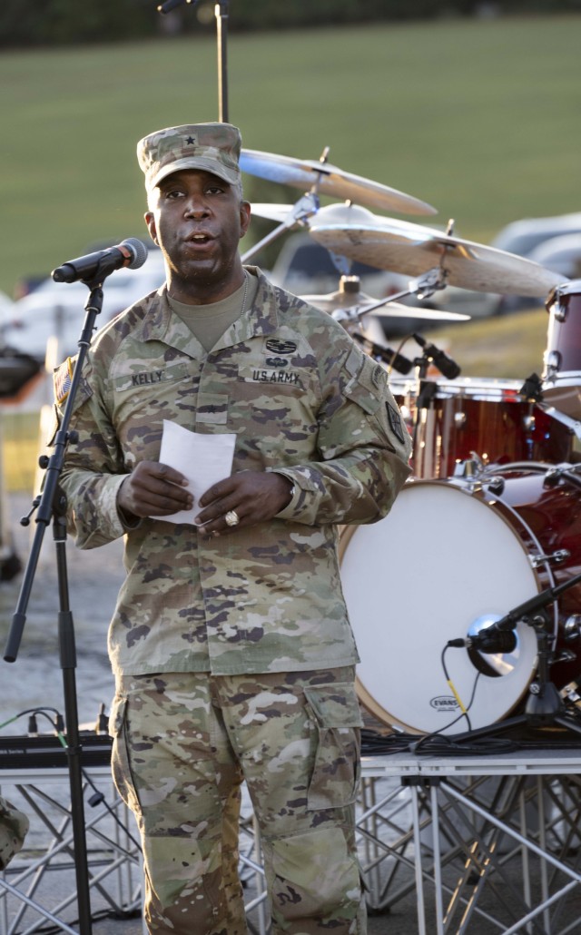 Brig. Gen. Jason E. Kelly, Fort Jackson and Army Training Center commanding general, thanks the community and law enforcement agencies for coming to the National Night Out event on Hilton Field, Oct. 4. 