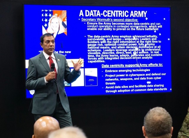 Dr. Raj Iyer, the Army’s Chief Information Officer, addresses an audience on the criticality of data in operations across the Army.
