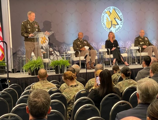 Gen. James McConville, Chief of Staff of the Army, gives his opening remarks during a “In a War for Talent – Recruiting, Retention and Opportunity,” panel Oct. 13 during this year&#39;s Association of the U.S. Army convention.