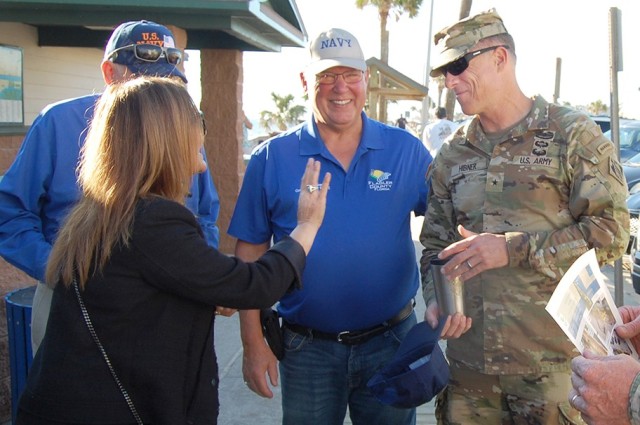 Faith Alkhatib, Flagler County Engineer (from left) and County Commissioner Greg Hansen, welcome USACE South Atlantic Division Commander, Brig. Gen. Daniel Hibner, to Flagler Beach, Florida, Oct. 9, 2022, for a firsthand survey of beach conditions and a discussion of current and potential storm risk management project collaboration. 