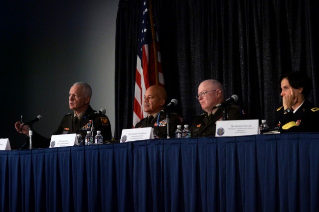 
Lt. Gen. Jon Jensen, left, the director of the Army National Guard, leads a discussion panel on Army Guard operational challenges during a panel forum at the annual Association of the United States Army conference in Washington, D.C., Oct. 12, 2022. Panel members, composed of senior leaders from throughout the Army Guard, focused on the Army’s regionally aligned readiness and modernization model, digital culture and future workforce as key points in ensuring Army Guard readiness.