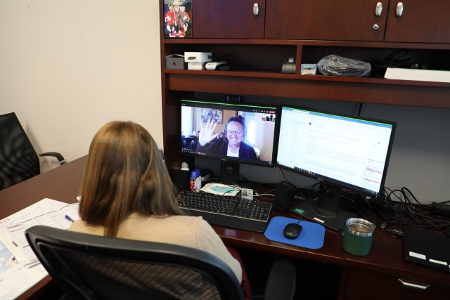 Sara Miller, P2MO Process Office Division Chief with the U.S. Army Security Assistance Command, conducts a meeting via Microsoft Teams with Tracy Hivner, an HR Specialist in USASAC&#39;s G1. Teams is a video chat-based tool that has facilitated collaboration during the COVID-19 pandemic and extended telework status.